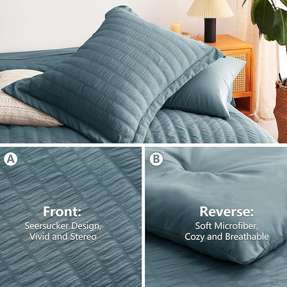 CozyLux Full Size Comforter Sets with Sheets 7 Pieces, Mineral Blue Seersucker Bed in a Bag Textured Luxury Soft Bedding Set with Down Alternative Comforter, Sheets, Pillowcases & Shams All Seasons