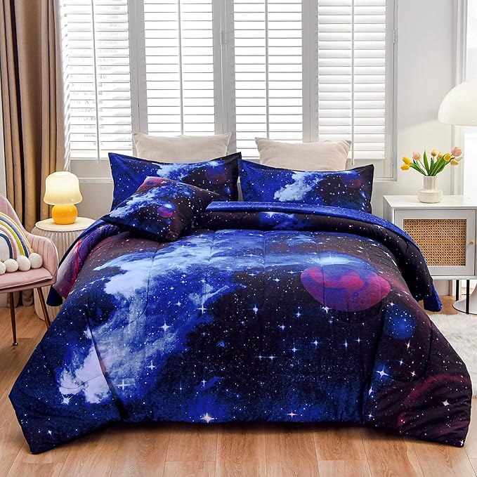 A Nice Night Galaxy 6Pcs Bedding Sets Outer Space Comforter Bed in a Bag 3D Printed Quilt,for Children Boy Girl Teen Kids,Full 6Pcs
