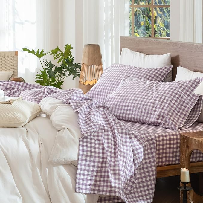 MooMee Gingham Sheet Set 100% Washed Cotton Linen Like Textured Breathable Soft w/Fully Elasticized 16-19" Deep Pocket (Classic Gingham Light Purple, King)