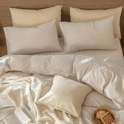 MooMee Bedding Pillowcases Striped Pack of 2 100% Washed Cotton Linen Like Textured Breathable Durable Soft Comfy (Tannish Linen Grey White Pinstripes, Standard)