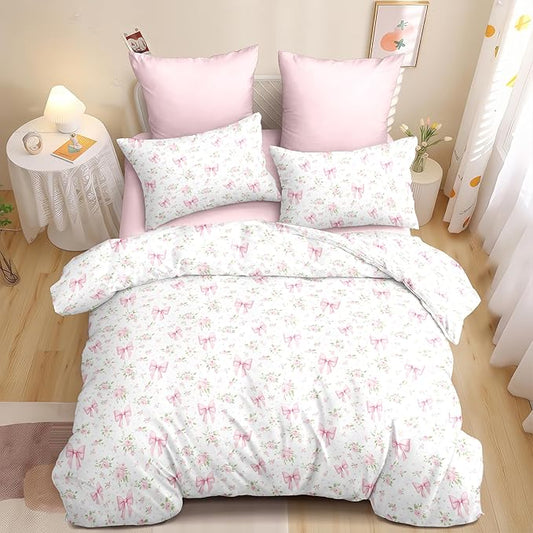 Nayoroom Pink Bow Comforter Set Queen Size White Green Leaf Floral Comforter 3 Pieces Girls Soft Lightweight Cute Coquette Bedding Set for All Seasons