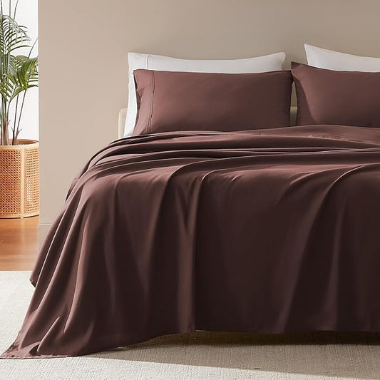 SLEEP ZONE Nanotex Super Soft Cooling King Bed Sheets Set 4 Piece - Easy Care Fitted Flat Sheet & Pillowcase Sets - Wrinkle Free, Fade Resistant, Deep Pocket 16" (Brown, King)