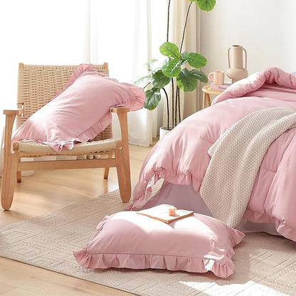 JANZAA Twin Comforter Set Baby Pink Ruffle Comforter with 1 Pillowcase Soft Twin Size Bed Set Vintage Farmhouse Bed Comforter Set Fluffy Shabby Chic Bedding for All Season