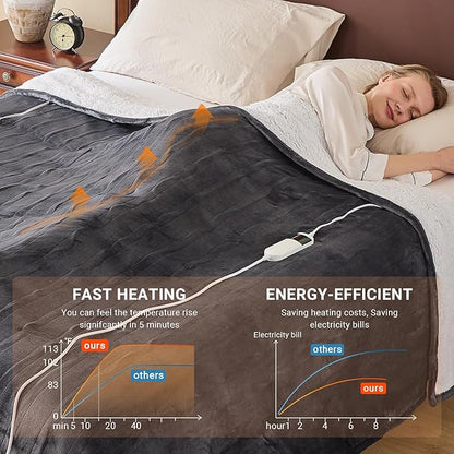 Electric Heated Blanket Queen Size 84''x90'' Soft Flannel & Sherpa Electric Blanket with 10 Heating Levels, Automatically Shut Down After 8h with Overheat Protection Machine Washable