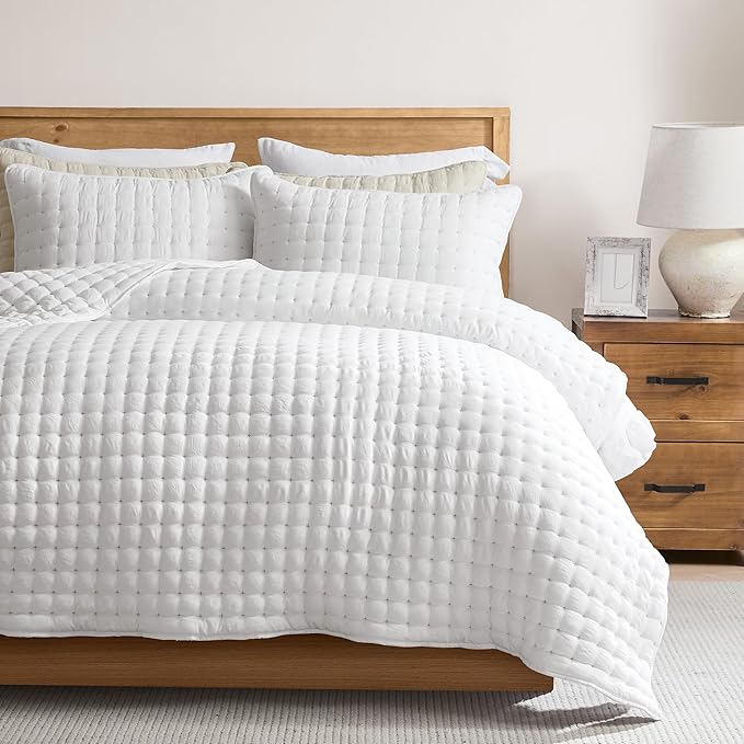 WDCOZY White Queen Size Quilt Bedding Sets with Pillow Shams, Lightweight Soft Bedspread Coverlet, Quilted Blanket Thin Comforter Bed Cover, All Season Summer Spring, 3 Pieces, 90x90 inches