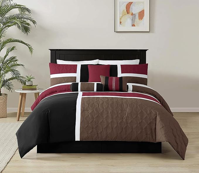 Chezmoi Collection Upland 7-Piece Quilted Patchwork Comforter Set, Burgundy/Black/Brown, Full