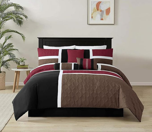Chezmoi Collection Upland 7-Piece Quilted Patchwork Comforter Set, Burgundy/Black/Brown, Full