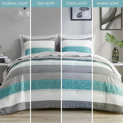 Madison Park Essentials Twin Comforter Set, Bed in A Bag Comforter & Sheet Set, Modern Casual Stripes Print, All Seasons, Soft Microfiber Bedding Makeover, Matching Shams, Twin Aqua/Grey 5 Piece