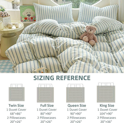 EAVD Vintage Striped Duvet Cover Twin Soft 100% Muslin Cotton Linen Feel Gauze Farmhouse Blue Vertical Striped Pattern Bedding Set for Boy Girl Reversible Geometric Duvet Cover with Zipper Closure