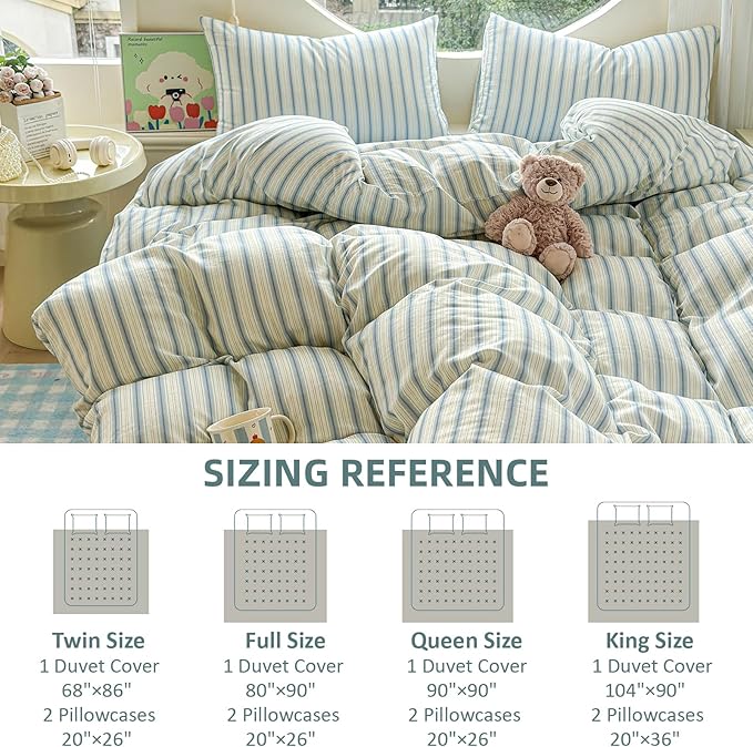 EAVD Vintage Striped Duvet Cover King Soft 100% Muslin Cotton Linen Feel Gauze Farmhouse Blue Vertical Striped Pattern Bedding Set for Men Women Reversible Geometric Duvet Cover with Zipper Closure