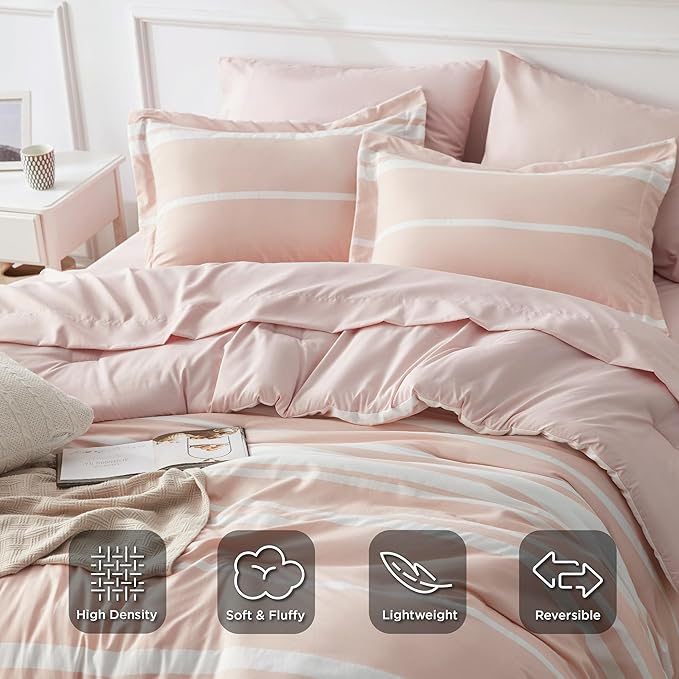 Bedsure Full Comforter Set 7 Pieces, Light Pink Striped Bedding Set for All Seasons, Reversible, Cationic Dyeing Bed in a Bag with Comforter, Sheets, Pillowcases & Shams