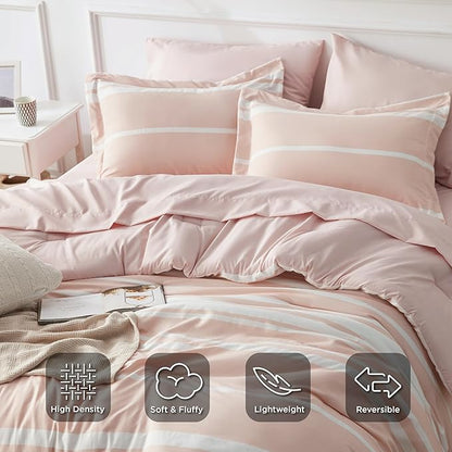 Bedsure Full Comforter Set 7 Pieces, Light Pink Striped Bedding Set for All Seasons, Reversible, Cationic Dyeing Bed in a Bag with Comforter, Sheets, Pillowcases & Shams