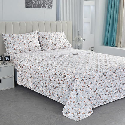 Softan Floral Twin Size Sheet Set, Orange Flower Printed Bed Sheets for Girls, 3-Piece Microfiber Single Fitted Sheet with 15" Deep Pocket & Non-Slip Straps, Patterned Bedding Sheets & Pillowcase Set