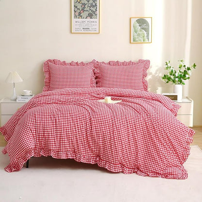 Red/White Checkered Ruffle 3-Piece Duvet Cover Set Queen Size,Washed Cotton Shabby Gingham Plaid Bedding Set Farmhouse Comforter Set(Queen,Red)