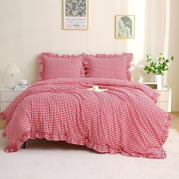 Red/White Checkered Ruffle 3-Piece Duvet Cover Set King Size,Washed Cotton Shabby Gingham Plaid Bedding Set Farmhouse Comforter Set(King,Red)