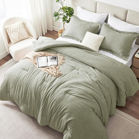 CozyLux King Size Comforter Set, 3 Pieces Olive Green Soft Luxury Cationic Dyeing Comforter King Size Bedding Set, Breathable Lightweight Bed Sets with 1 Down Alternative Comforter and 2 Pillow Shams