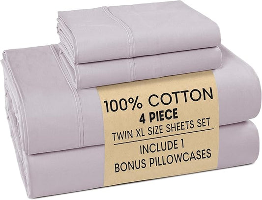 Casa Platino 100% Cotton Twin XL Size Sheets – Crisp Percale Sheets Twin XL with 2 Pillowcases, with 15" Deep Pocket Sheet for Secure Fit, Ultra Soft & Cozy, Excellent Quality & Fit – Grey Lavender