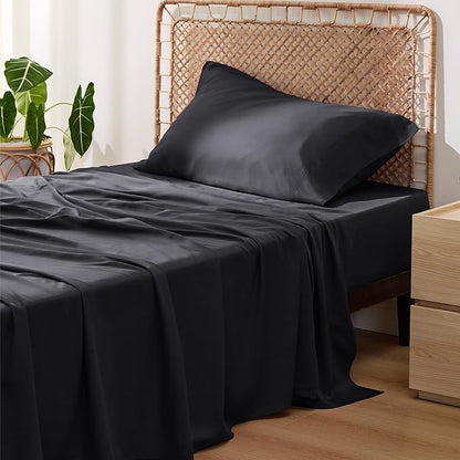 Bedsure Cooling Sheets Twin, Rayon Derived from Bamboo, PureWoven, Breathable & Soft Twin Sheets Set, Deep Pocket Up to 16 Inches, Hotel Luxury Silky Bedding for Hot Sleepers, Black