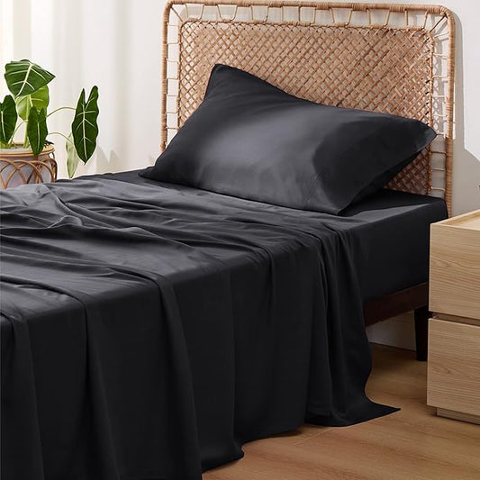 Bedsure Cooling Sheets Twin XL, Rayon Derived from Bamboo, PureWoven, Breathable & Soft Twin XL Sheet Sets, Deep Pocket Up to 16 Inches, Hotel Luxury Silky Dorm Bedding for Hot Sleepers, Black