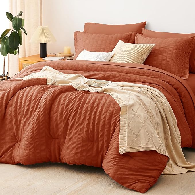 CozyLux Queen Comforter Set Burnt Orange Seersucker 7 Pieces Bed in a Bag Queen Comforter Set with Sheets, Terracotta Luxury Bedding Sets with Down Alternative Comforter, Sheets, Pillowcases & Shams