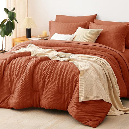 CozyLux Queen Comforter Set Burnt Orange Seersucker 7 Pieces Bed in a Bag Queen Comforter Set with Sheets, Terracotta Luxury Bedding Sets with Down Alternative Comforter, Sheets, Pillowcases & Shams