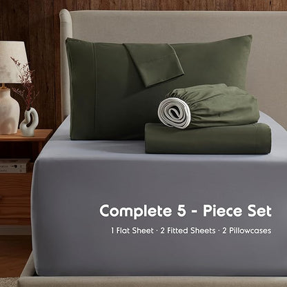 Nestl Split King Sheet Set - 1800 Ultra-Soft Microfiber Bed Sheets - Double Brushed - Deep Pockets - Easy Fit - 5 Piece Set - Bed Sheets & Pillowcases (Split King, Olive Green)