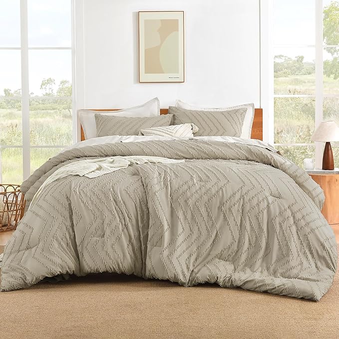 Litanika Comforter Oversized King Size Set Oatmeal, 3 Pieces Chevron Tufted Solid Bedding Comforter Sets, Fluffy Bed Set