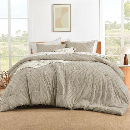 Litanika Comforter Oversized King Size Set Oatmeal, 3 Pieces Chevron Tufted Solid Bedding Comforter Sets, Fluffy Bed Set