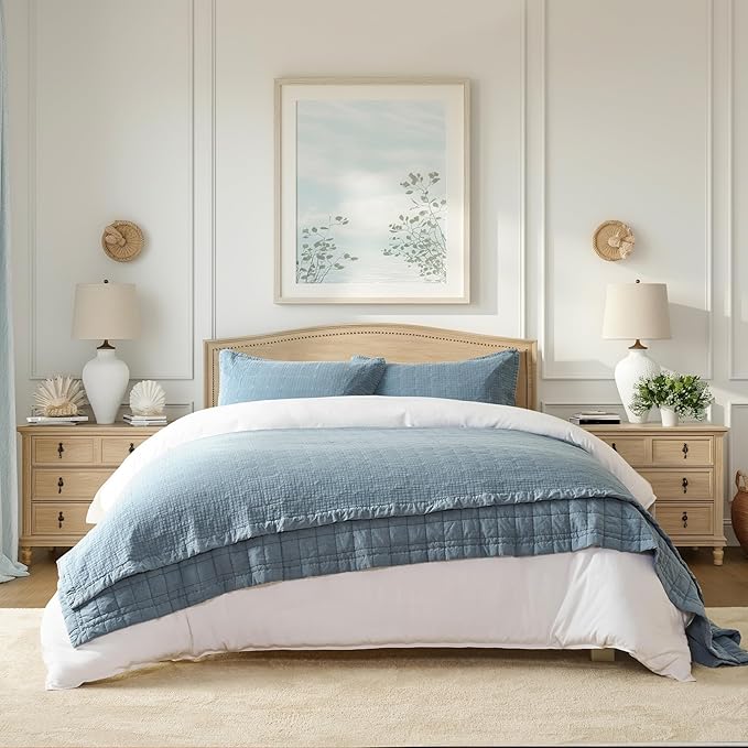EVERGRACEHOME Stonewashed Cotton Quilt Set Full Queen Size, Ultra Soft Oversized Bedspread Coverlet Set, Lightweight Crinkle Box Stitch Bedding Sets for All Season, with 2 Shams, Sonoma Blue