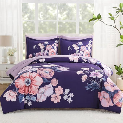 King Size Comforter Set - 7 Pieces Floral Comforter and Sheet Set, Dark Purple King Size Bed in a Bag, Soft Microfiber Flower Complete Bedding Set for All Seasons（Dark Purple,104"x90"）