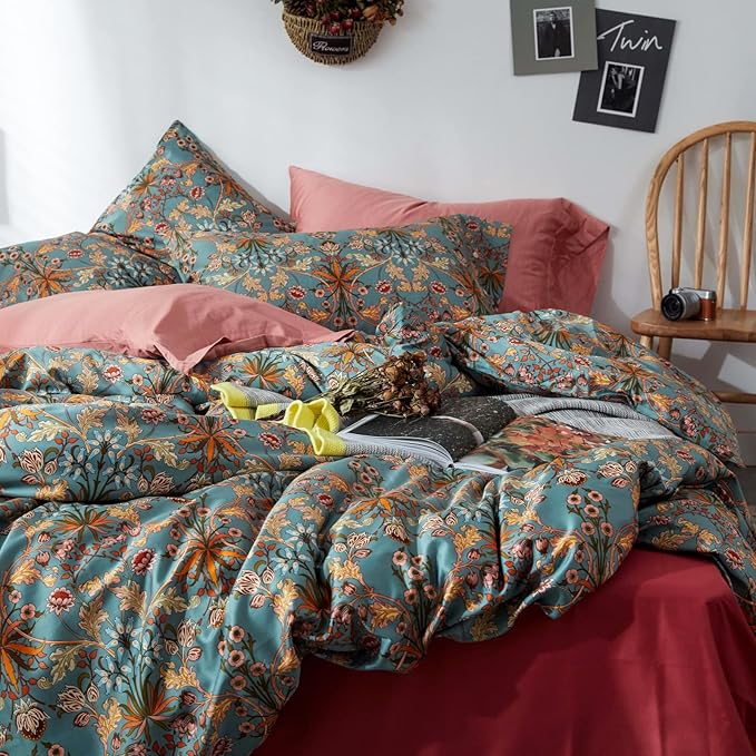 mixinni Vintage Floral Duvet Cover Twin XL Boho Bedding Soft Cotton Flower Pattern Bedding Set with Zipper Ties Perfect for Girls,Ultra Soft, Breathable, Comfortable(3pcs, Twin XL Size)