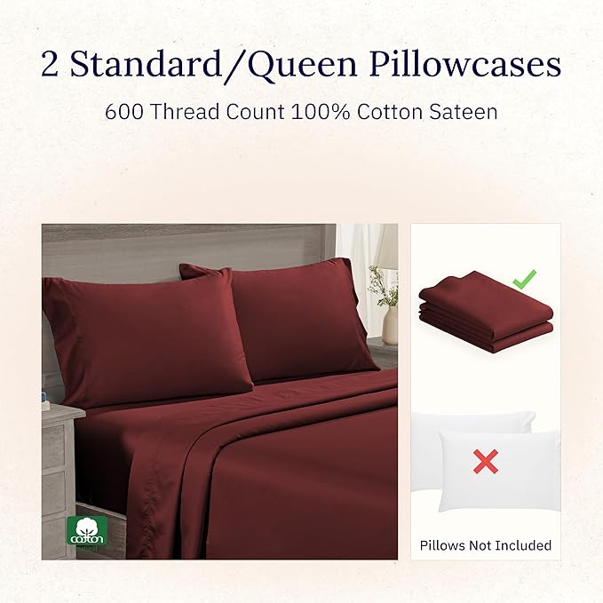 California Design Den Pillowcases Queen/Standard Set of 2 - Premium 600 Thread Count, Soft 100% Cotton Standard Pillowcase, Crisp, Smooth Sateen, Fits Standard & Queen Pillows - Brick Red