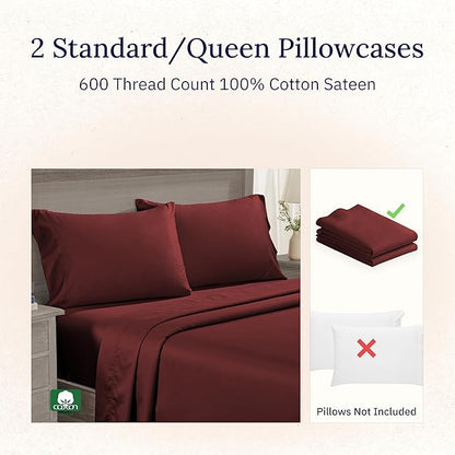 California Design Den Pillowcases Queen/Standard Set of 2 - Premium 600 Thread Count, Soft 100% Cotton Standard Pillowcase, Crisp, Smooth Sateen, Fits Standard & Queen Pillows - Brick Red