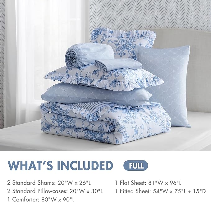 Madison Park Essentials Adele Blue Floral Full Size Comforter Set – Vintage Bed in a Bag with Sheets, Reversible Ruffle Bedding, Elegant Gift for Her