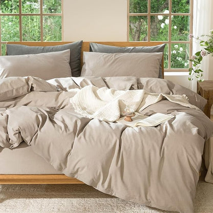 MooMee Bedding Duvet Cover Set 100% Washed Cotton Linen Like Textured Breathable Durable Soft Comfy (Heathered Taupe, Palatial King/Oversized King 120"x98")