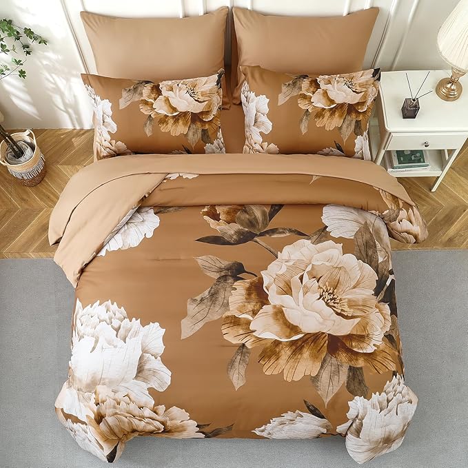 Dobuyly Brown Comforter Set Queen Size 7 Piece Bed in a Bag, Floral Printed on Brown Comforter Set with Sheets, Soft Microfiber Botanical Fall Complete Bedding Set for All Season
