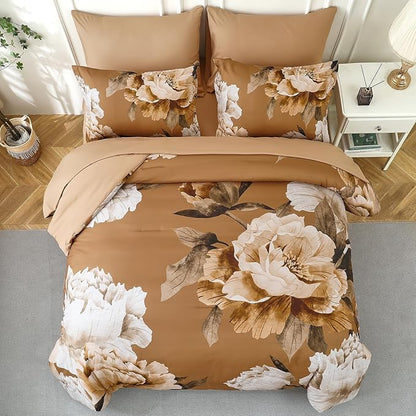 Dobuyly Brown Comforter Set Queen Size 7 Piece Bed in a Bag, Floral Printed on Brown Comforter Set with Sheets, Soft Microfiber Botanical Fall Complete Bedding Set for All Season