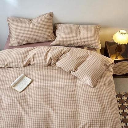 EAVD Vintage Style Pink&Tan Plaid Duvet Cover Queen Soft 100% Washed Cotton Chic Checkered Gingham Bedding Set with 2 Pillowcases Farmhouse Gingham Duvet Cover with Zipper Closure
