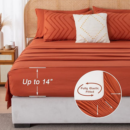 Litanika Queen Comforter Set with Sheets Burnt Orange - 7 Pieces Bed in a Bag Queen Boho Complete Bedding Sets Terracotta Rust Lightweight Bed Set with Comforter, Sheets, Pillowcases & Shams
