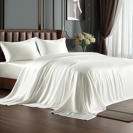 BEDELITE Satin Sheets Full Size Bed Set, Luxury Soft Ivory White Silky Sheet for Hair and Skin, Similar to Silk Bed Sheets Set 4 Pieces with 1 Deep Pocket Fitted Sheet, 1 Flat Sheet, and 2 Pillowcases