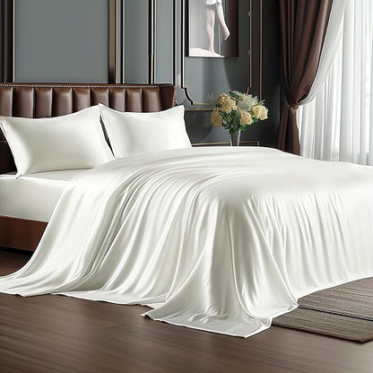 BEDELITE Satin Sheets Twin XL Size Bed Set, Luxury Soft Ivory White Silky Sheets for Hair and Skin, Similar to Silk Bed Sheets Set 3 Pieces （1 Deep Pocket Fitted Sheet, 1 Flat Sheet, and 1 Pillowcase）