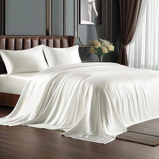 BEDELITE Satin Sheets Twin XL Size Bed Set, Luxury Soft Ivory White Silky Sheets for Hair and Skin, Similar to Silk Bed Sheets Set 3 Pieces （1 Deep Pocket Fitted Sheet, 1 Flat Sheet, and 1 Pillowcase）