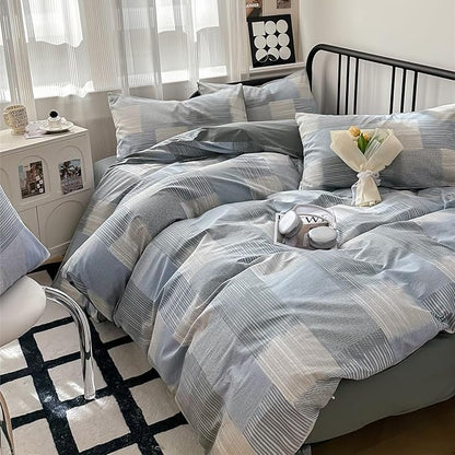 mixinni Full Comforter Set Soft Aesthetic Blue Geometric Checkered Plaid Printed Bedding Comforter for Men Boys, 1 Soft Microfiber Reversible Comforter with 2 Pillowcases for All Seasons