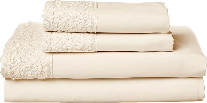 Modern Threads 4 Piece Microfiber Sheet Set – Soft Cooling Bed Sheets with Crochet Lace – Deep Pocket, Wrinkle Free, Breathable, Hotel Luxury Bedding, Beige, California King