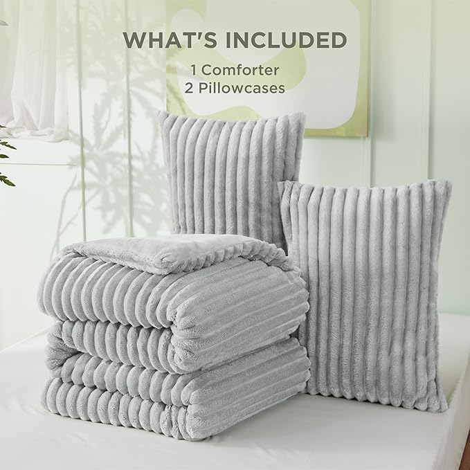 Bedsure King Comforter - GentleSoft™ 3 Pieces Double-Side Fleece Fluffy Light Grey Comforter Set, Cozy Striped Room Decor Aesthetic, Luxury King Size Bedding with 2 Pillowcases, 104x90 Inches