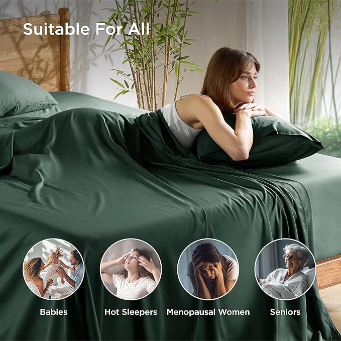 Bedsure Queen Sheet Set, Rayon Derived from Bamboo, Cooling Sheets, PureWoven, Breathable & Soft, Deep Pocket Up to 16 Inches, Hotel Luxury Silky Bedding for Hot Sleepers, Forest Green