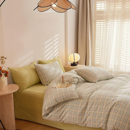 HighBuy Full Comforter Set Green Gingham Comforter Geometric Checkered Pattern Comforter Set Boho Grid Plaid Bedding Comforter Fluffy Soft Farmhouse Grid Bedding Set Full Size