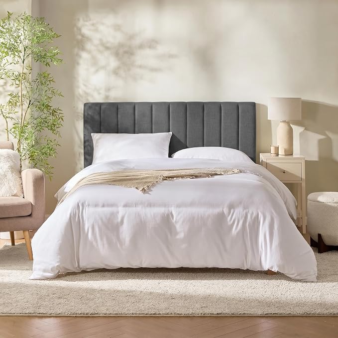 Hearth & Harbor Wall Mounted Full Headboard Only, Bed Headboard Full Size | Easy Assemble, Floating Peel and Stick, Upholstered, Channel Stitched, 3D Wall Panels, 5 Strips of 3M Tape Included, Grey