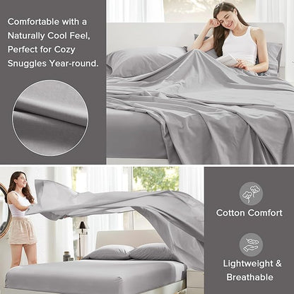 Comfort Spaces 100% Cotton Sheet Set Breathable, Lightweight, Soft with 14" Elastic Pocket Fits up to 16" Mattress, All Season Cozy Bedding, Matching Pillow Case, Full Grey 4 Piece