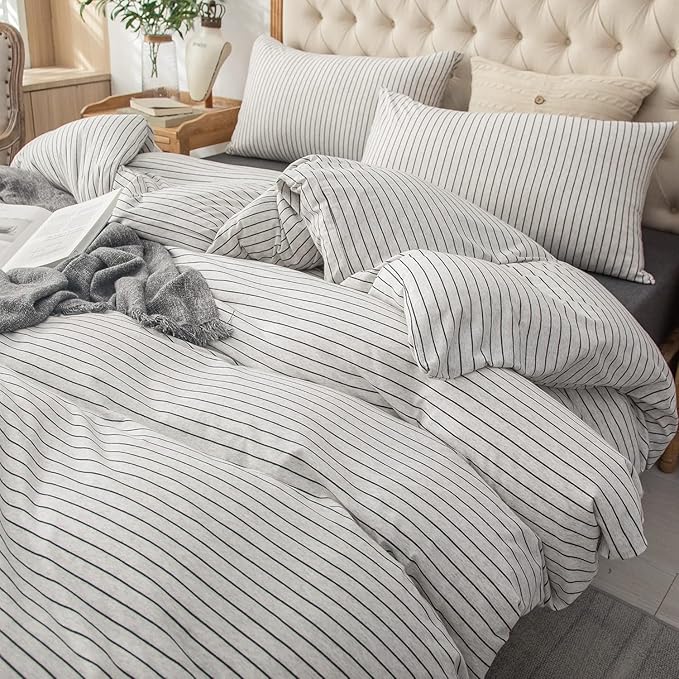 PURE ERA Jersey Knit Duvet Cover Set 100% T-Shirt Heather Cotton Super Soft Comfy Classic Striped Design, with Zipper Closure, Heather White & Black Pinstripe, Full